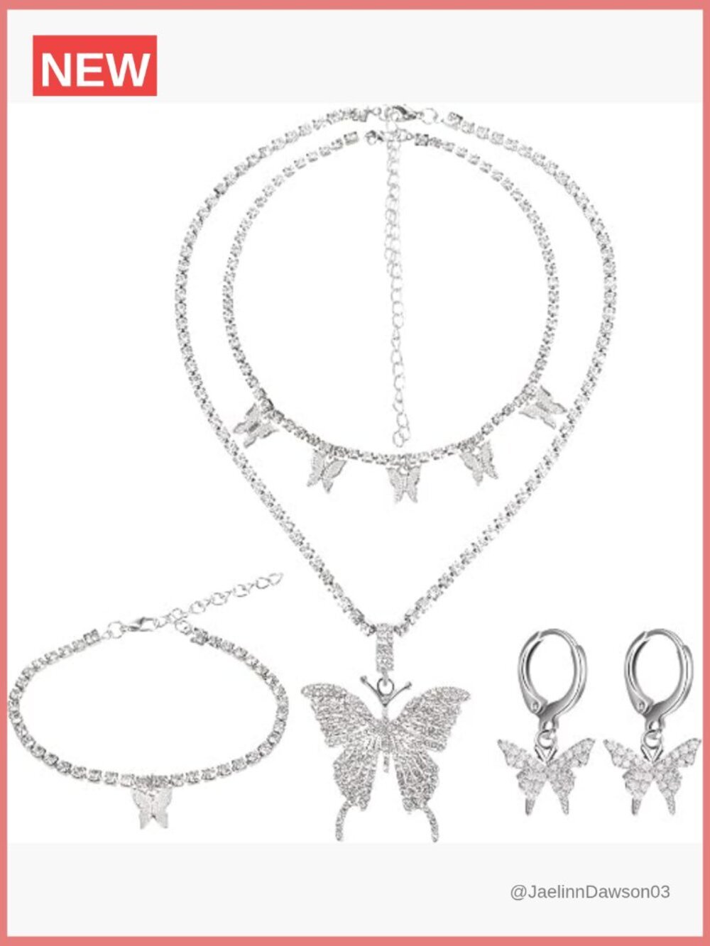 Big Butterfly Pendant Necklace Set with Earrings Bracelet CZ Rhinestone Choker